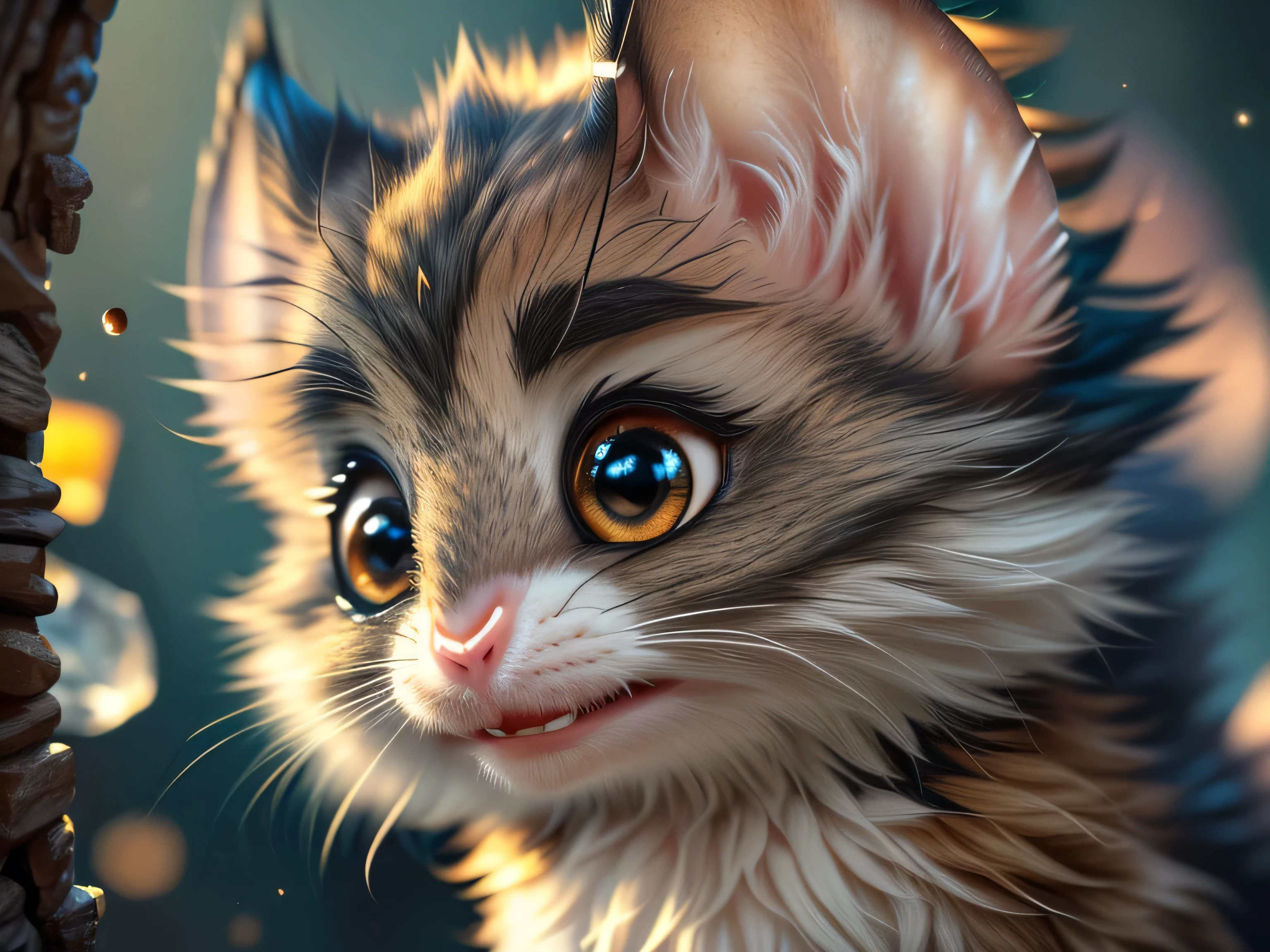 Magical Fantasy Creature, (Best Quality, Masterpiece, Representative Work, Official Art, Professional, Super Detailed, 8k:1.3), (Photorealism:1.2) Super Cute, Big Eyes, Soft, Soft Nose, Fluffy, Two-Toothed Smile, Bat Mouse, Realistic, Beautiful, Stars in Eyes, Soft Volumetric Light, (Backlight:1.3), (Cinematic:1.2), Intricate Details, (ArtStation:1.3), --auto --s2