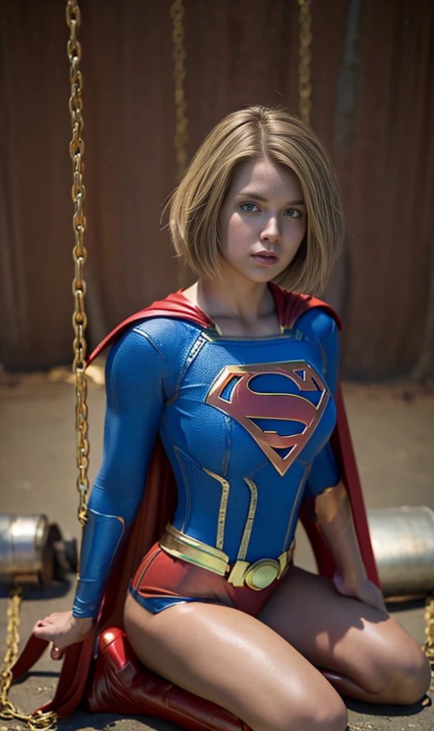  Short-haired supergirl kneels, Entangled in rusty chains、 Big Rich Breasts 、 camera in front of the gauge、 shiny costume 、Shabby costume、injury、Dungeons、 slave、 Humiliated 