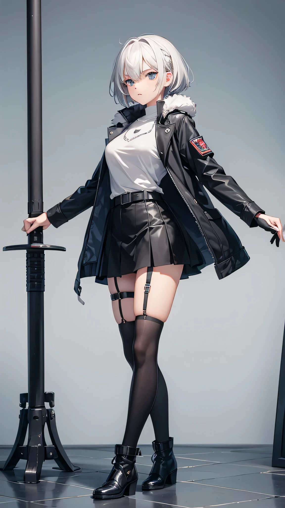 A hyper-realistic、ultra-detailliert、top-quality、hight resolution、Petite 15-year-old goddess with gun on her back