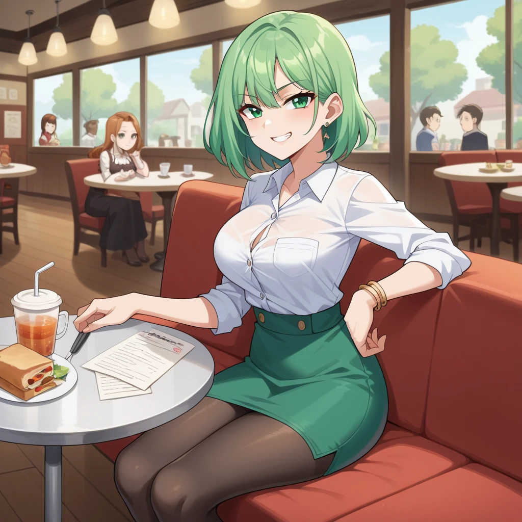 Woman, green eyes, smirk, anime screencap 2d, adult woman, Decollete, , nsfw,  bracelets, handbag , puffy skirt, hair long straight , pantyhose Arm on hip, , Sitting on the sofa in a café, pov, Date in a café, woman sitting  front the viewer, table 