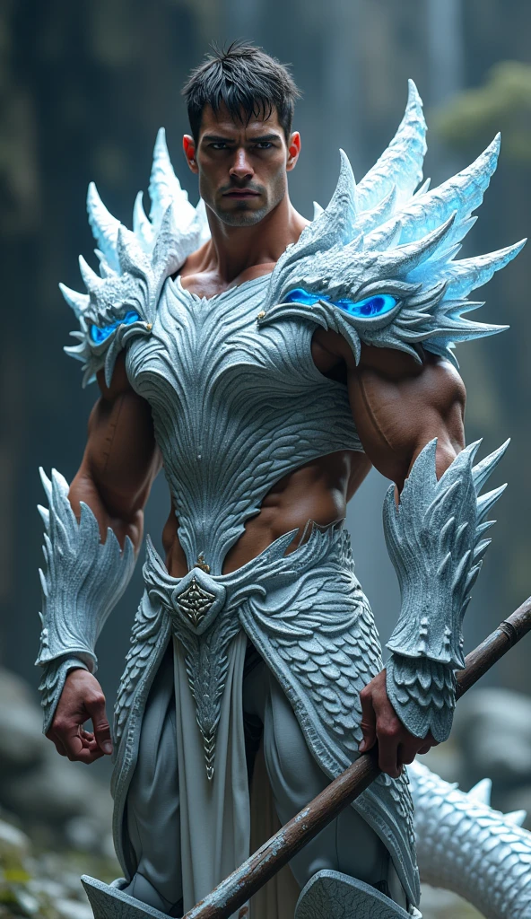a close up of a man with a dragon on his chest, attractive male deity, asura from chinese myth, akira from chinese mythology, beautiful male god of death, fit male demon with white horns, the god emperor of mankind, cyborg hindu godbody, chinese mythology, korean mythology, male djinn man demon hybrid, djinn human hybrid