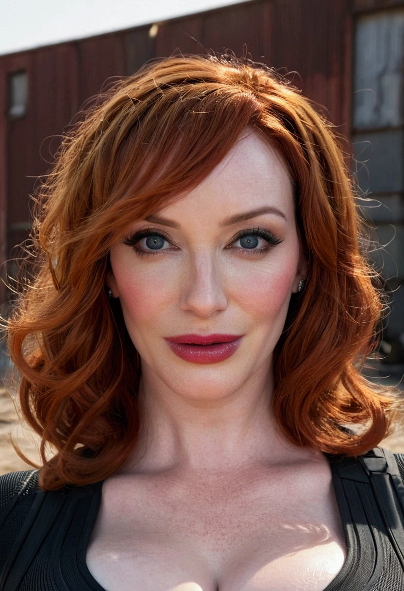 48 year old Christina Hendricks playing the role as the fictional character of Natasha Romanoff/Black Widow in the Marvel Cinematic Universe, pale skin, large breasts, huge bust, super detailed, beautiful and aesthetic, masterpiece, best quality, raw, super fine photo, best quality, super high resolution, photorealistic, sunlight, full body portrait, amazing beauty, dynamic pose, delicate face, vibrant eyes, (from the front), she is wearing a black widow suit, very detailed abandoned warehouse background, Detailed face, detailed complex busy background, messy, gorgeous, realistic skin details, visible pores, sharp focus, hoto realism, huge metropolis in future dystopia, seen from below, translucent,
