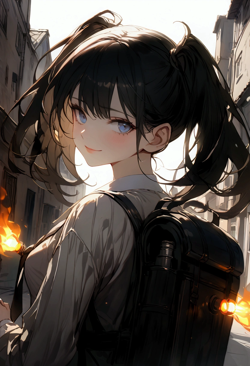 Girl. Short black straight hair with two pigtails. Blue eyes with a depth of suffering. Delicate features. Lips curled into a slight smile. Wearing a dark blue suit with a white shirt and black tie. Dark blue short shorts and black pantyhose. Equipped with dual flamethrowers attatched to her wrists and carries a fuel tank backpack with tubes connecting the backpack to the barrels. Background is a city street. 8k. Best quality. 