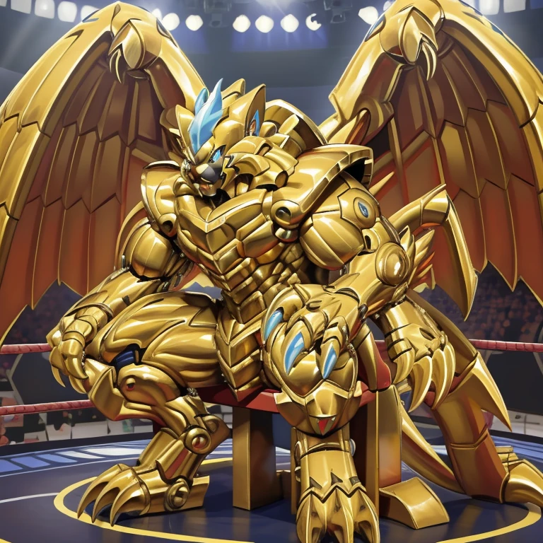 (zeraora, 8K), (zeraora's giant robot, Powered exoskeleton with the same design as zeraora), (Masterpiece, highres) (Detailed head, Detailed Body, Detailed abs, full body) (gigantic muscles, Gigachad Muscular, big muscle, pecs, triceps, traps, unusually developed muscular body, body full of huge muscles. showing off muscles, pectorales enormes, Exaggeratedly huge muscles.) (nj5furry, The claws are sharp, Sharp teeth, sharp claws), (long legs), (Spread wings, It has wings, have big wings, golden wings), (Wrestling, wrestler, the bodybuilding), (It has wings, whole body shines like metal, Wearing cyberpunk mecha, emphasizes the muscles, suit fully made of metal, intricate armor, Robotic suit, suit fully made of metal, cyborg), menacing pose, sitting on the throne, An arrogant expression. destroying city. BULK UP.. has four arms..