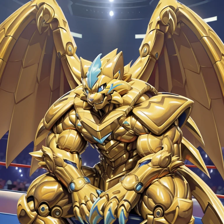 (zeraora, 8K), (zeraora's giant robot, Powered exoskeleton with the same design as zeraora), (Masterpiece, highres) (Detailed head, Detailed Body, Detailed abs, full body) (gigantic muscles, Gigachad Muscular, big muscle, pecs, triceps, traps, unusually developed muscular body, body full of huge muscles. showing off muscles, pectorales enormes, Exaggeratedly huge muscles.) (nj5furry, The claws are sharp, Sharp teeth, sharp claws), (long legs), (Spread wings, It has wings, have big wings, golden wings), (Wrestling, wrestler, the bodybuilding), (It has wings, whole body shines like metal, Wearing cyberpunk mecha, emphasizes the muscles, suit fully made of metal, intricate armor, Robotic suit, suit fully made of metal, cyborg), menacing pose, sitting on the throne, An arrogant expression. destroying city. BULK UP.. has four arms..