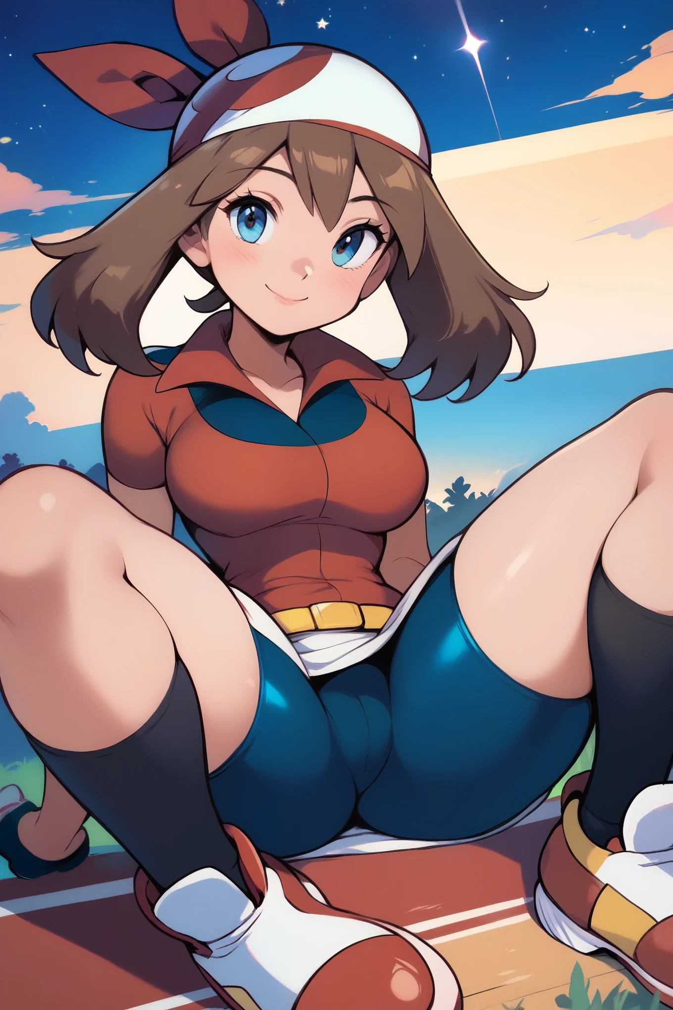 score_9, score_8_up, score_8, medium breasts, (curvy), cute, eyelashes,       zzMay, blush, smile, bangs, skirt, shirt, holding, sitting, closed mouth, short sleeves, outdoors, sky, shoes, shorts, socks, collared shirt, eyelashes, night, white skirt, bike shorts, black socks, red shirt, star (sky), starry sky, bandana, shooting star, red bandana, smile, looking at viewer,   huge breasts, wide hips, thick thighs,(spread legs)