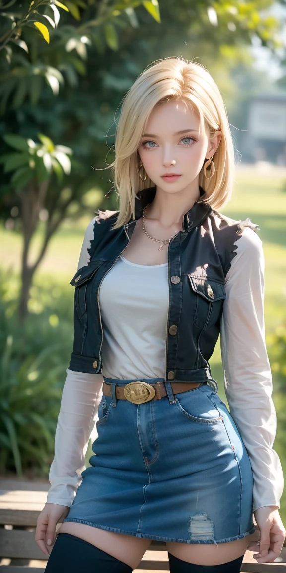 Android 18, Light Blonde hair, Medium hair shaggy cut for women, Blue Transparent eyes of Slavic Caucasians, She has sexy double eyelids above and below her eyes, The flash in the eyeballs is brilliant, She is not wearing any jewelry such as a necklace around her neck, open-chested Black -shirt, Not wearing a bra, She only Wears round earrings, Tight Long sleeves with black stripes on a white background, Blue denim mini vest, Blue denim mini skirt, The denim mini skirt and denim mini vest set in the same blue color, The mini denim vest does not have a zipper, but the mini denim skirt does, and the denim vest has five silver buttons to fasten the garment, The denim skirt's zipper seam line and stitching run vertically straight to the bottom of the skirt, and the denim vest has no zipper, so it's clean, Open-chested denim vest, Large breasts, Women's Western Cowboy Belt, Brown see-through pantyhose, Western short boots, Looking at viewer, Her whole body is visible on the screen, She is standing in front of the bench Her entire body is visible on the screen, from her head to her boots, Slight smiling with closed lips standing next to bench , Blue sky, outside, park, grass, Summer, trees, blue sky, high quality, masterpiece,