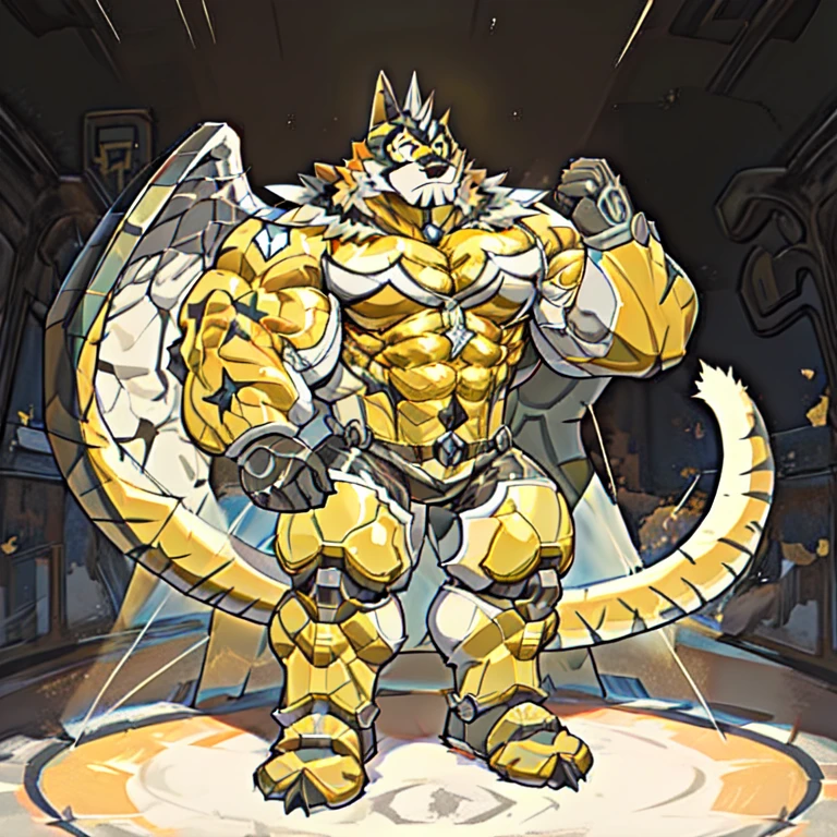 (ryekie, 8K), (ryekie's giant robot, Powered exoskeleton with the same design as ryekie), (Masterpiece, highres) (Detailed head, Detailed Body, Detailed abs, full body) (gigantic muscles, Gigachad Muscular, big muscle, pecs, triceps, traps, unusually developed muscular body, body full of huge muscles. showing off muscles, pectorales enormes, Exaggeratedly huge muscles.) (nj5furry, The claws are sharp, Sharp teeth, sharp claws), (long legs), (Spread wings, It has wings, have big wings, golden wings),  (It has wings, whole body shines like metal, Wearing cyberpunk mecha, emphasizes the muscles, suit fully made of metal, intricate armor, Robotic suit, suit fully made of metal, cyborg), menacing pose, An arrogant expression. destroying city. (golden hyper penis), menacing pose, no face. wearing a full-face helmet. (gloves, cape, mask, bodysuit, skin tight, orange bodysuit.)