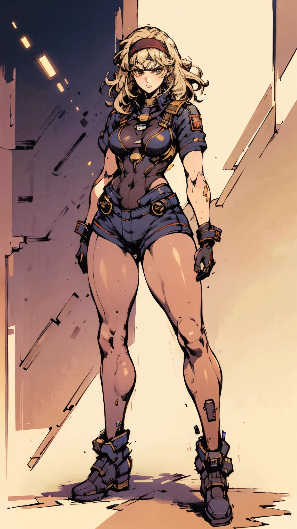 (masterpiece:1.2, best quality:1.2, extremely delicate:1.2), ((Alexandra Daddario:1.2)), a girl with short light golden hair, a metal headband on her forehead, icy gaze, detached expression, smooth and exquisite facial appearance, perfect body, perfect skin, porcelain skin, pale skin, sci-fi military uniform, short sleeves, gloves, short skirt integrated with the outfit, dark fitted pants, knee-high military boots, the color scheme is primarily Blue with White and Yellow accents, surrounded by AR virtual interfaces, standing in a futuristic sci-fi-styled room, this character embodies a finely crafted futuristic sci-fi female officer in anime style, exquisite and mature art style, exquisite photography, Photo realism, photorealistic, even and soft lighting on face, dramatic, high definition, highres, ultra-detailed, ultra-fine painting, professional, perfect body proportions, anatomically correct, symmetrical face, extremely detailed eyes and face, high quality eyes, creativity, RAW photo, UHD, 32k, portrait lighting, Natural light, cinematic lighting, (masterpiece-anatomy-perfect:1.2)