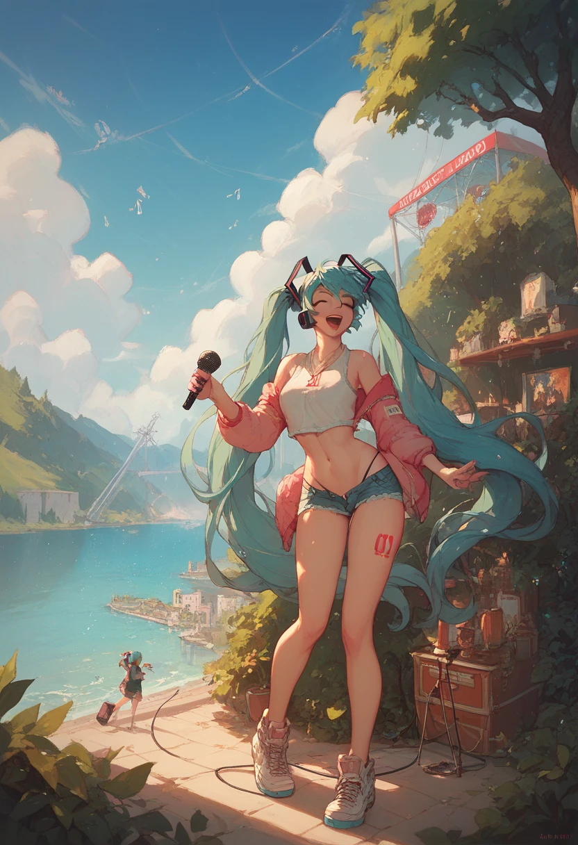 Miku Hatsune - Vocaloid, scenery, squating, microphone, singing, thong