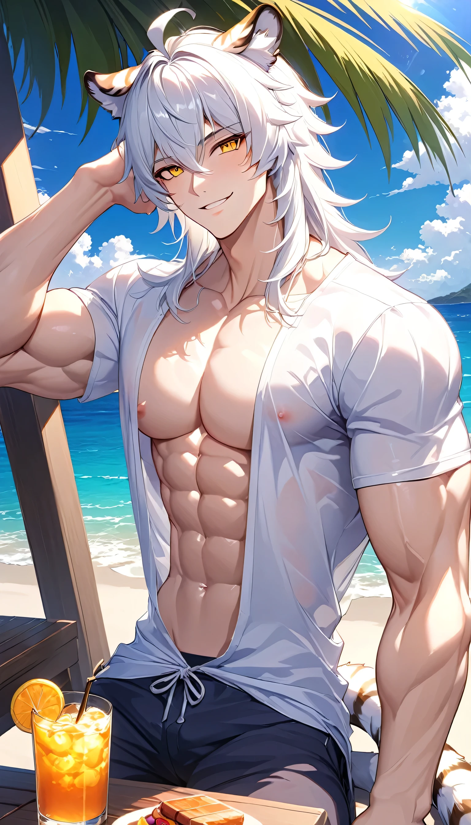 white leopard. white long hair, 4k, high resolution, best quality, posted on e621, solo, anthro body, male, , masculine, (very muscular:1.2), correct anatomy, (beach background, sea background, sky background, sunset:1.0), (blurry background, out-of-focus background:1.2), (by wfa:1.0), (by negger:1.2), (by chunie:0.5), (cel shaded, cartoony shading:1.2), black lineart, black outline, flat coloring, (strong shadows, dark shadows:1.2), (black speedos, bulge:1.0), confident, sexy pose