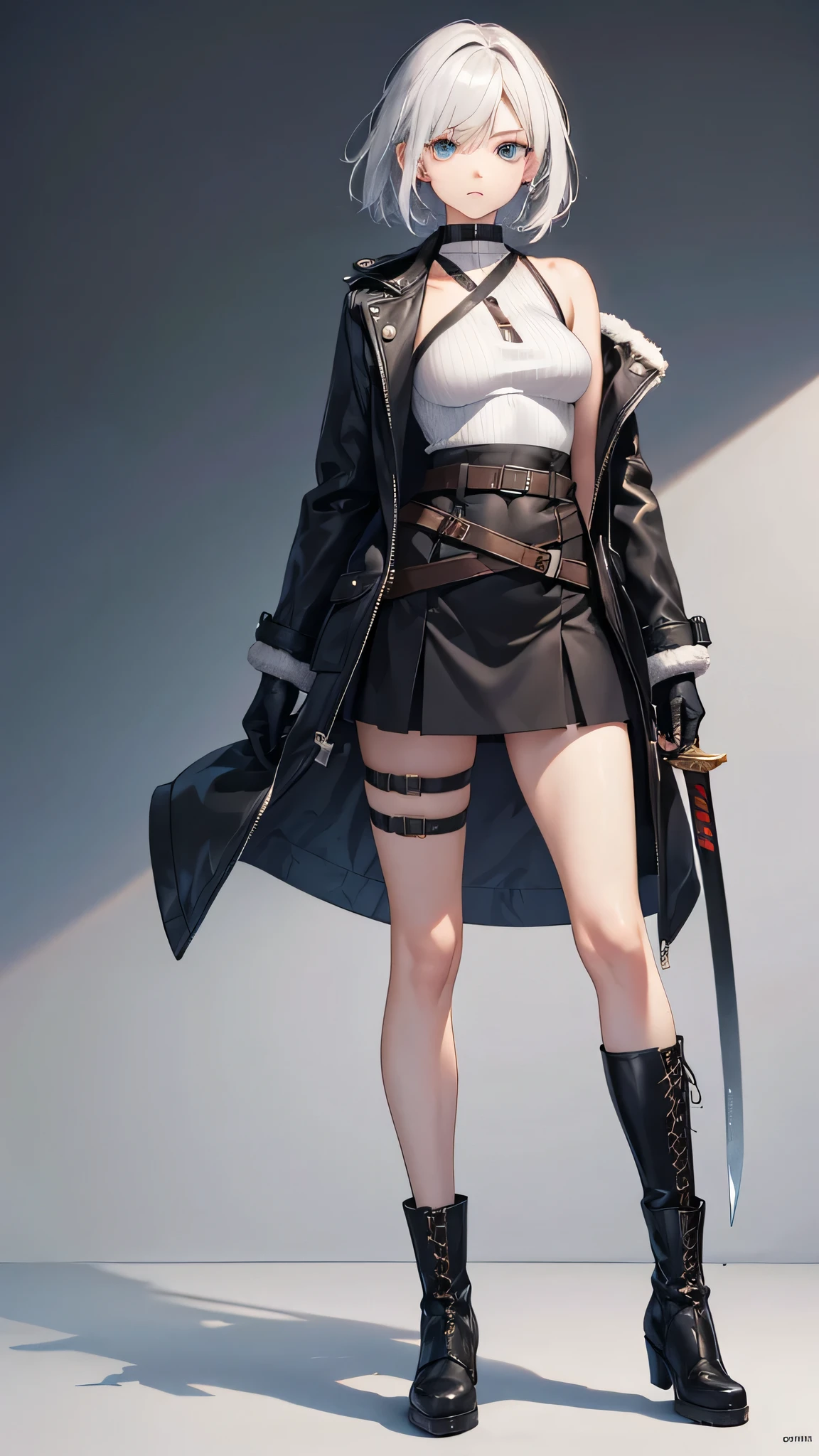a close up of a person in a costume with a sword, as a character in tekken, female character, tifa lockhart with white hair, katana zero video game character, lunar themed attire, kda, slim body, cyborg - girl with silver hair, upper body avatar, (( medium breast;1.2)), fashion gameplay screenshot, fighting game character, new character, floralpunk elysian maiden, sigma female