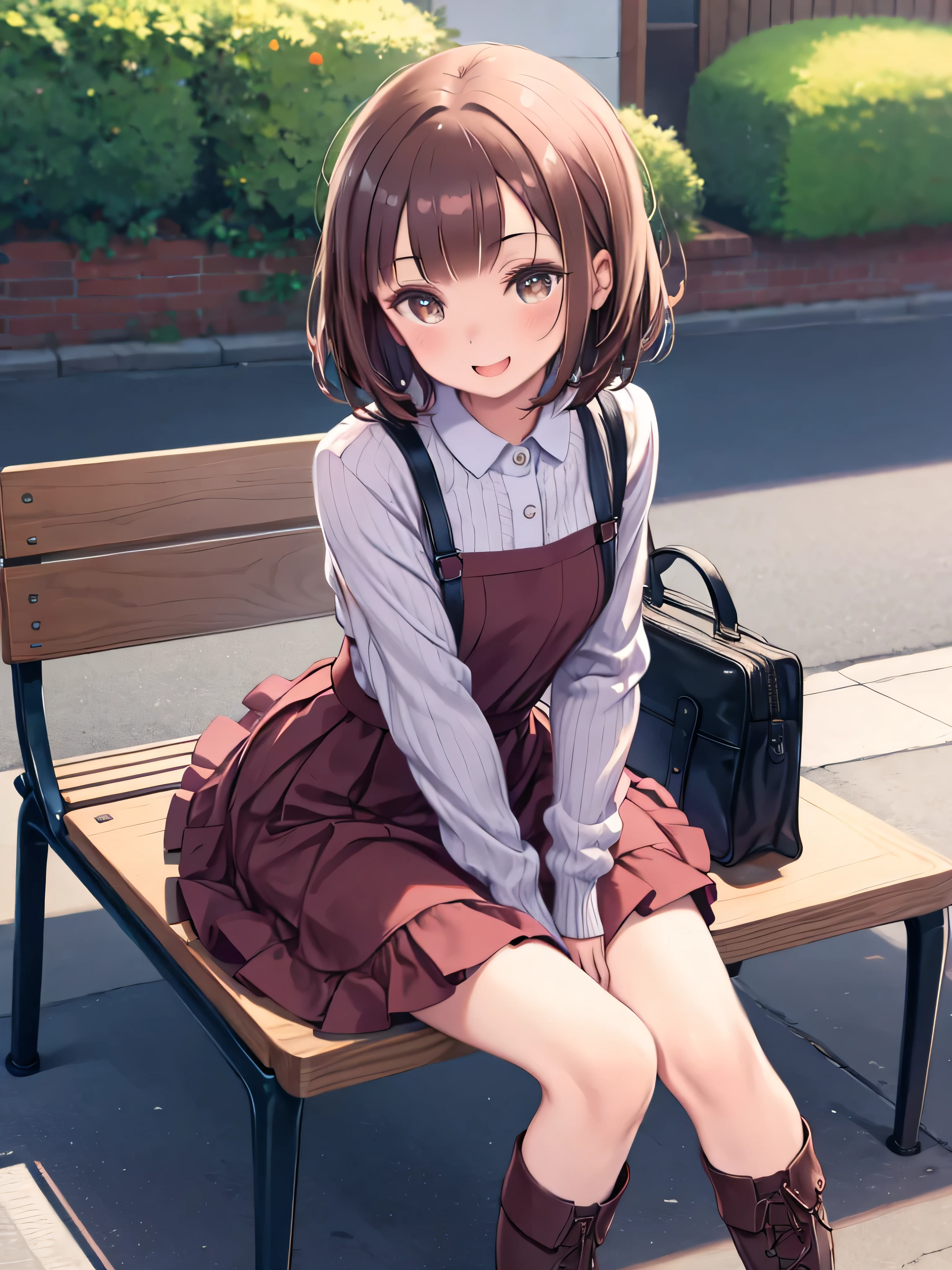 professional photographer,Laughter:1.5,Close up shot of a woman sitting on the sidewalk , , Short brown hair, young and cute girl, Wearing a flared skirt,Wear stylish boots, sit on a park bench and show :1.5, fancy makeup using red eyeshadow,