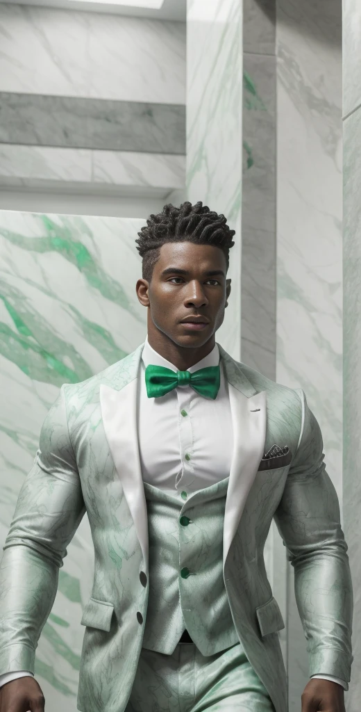 A very muscular realistic African American chad green emerald marble sculpture carefully detailed wearing a ghostly stealth blazer, shirt, bow tie, jacket, fundo neutro, Moody, , fotorrealista, Jantar de cinema atencioso, super detalhada, Hiper realista, luzes brilhantes, 8 mil em 8k