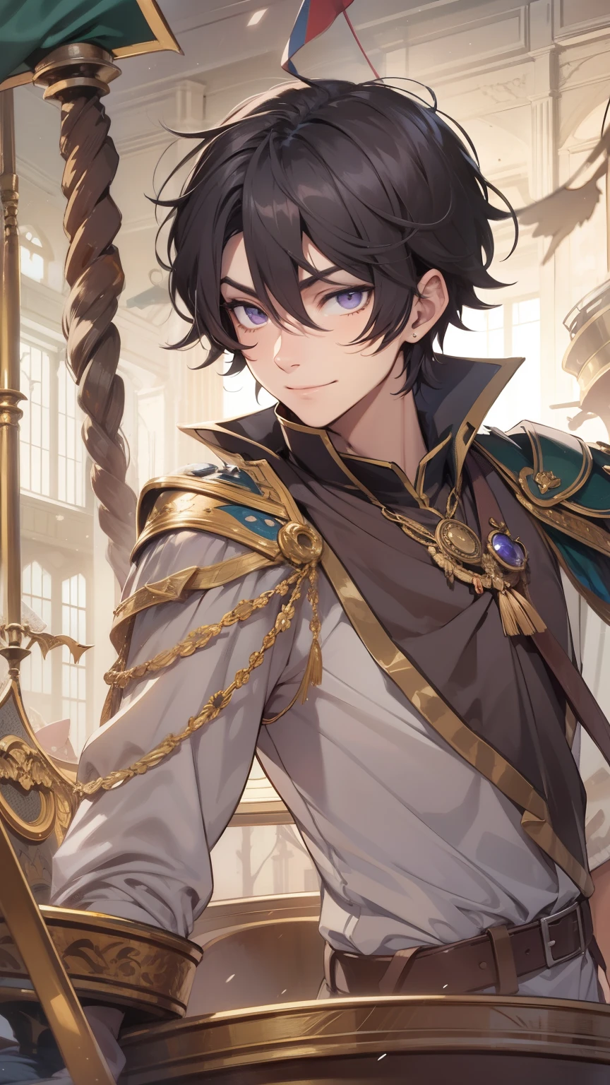 Dark-haired male boy, with amethyst eyes , shy smile,  loose-fitting medieval prince's clothes, Gilded laments, on the bow of a ship