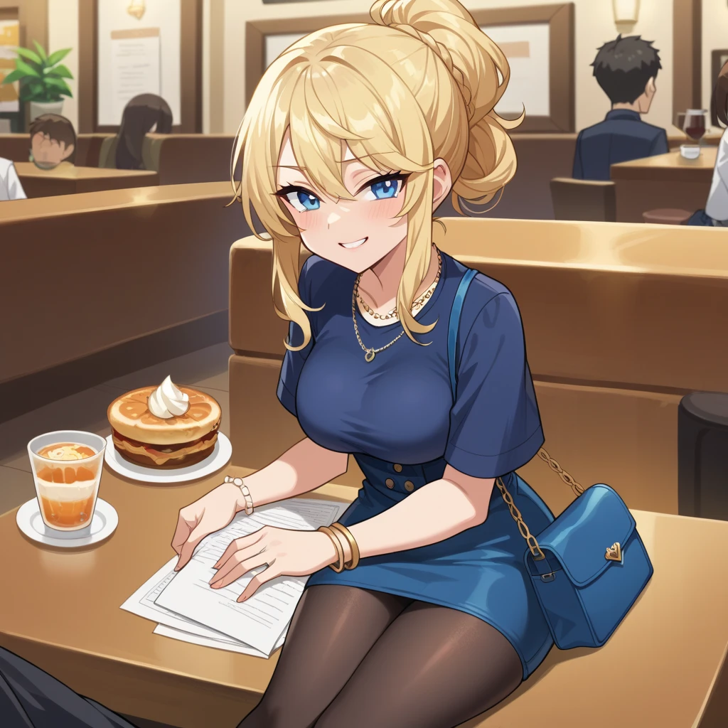 Woman, blue eyes, , anime screencap 2d, adult woman, Decollete, , nsfw,  bracelets, handbag , puffy skirt,  long straight hairstyle , pantyhose  , Sitting   in a café, pov, Date in a café, woman sitting   on man's crotch , table, smug 