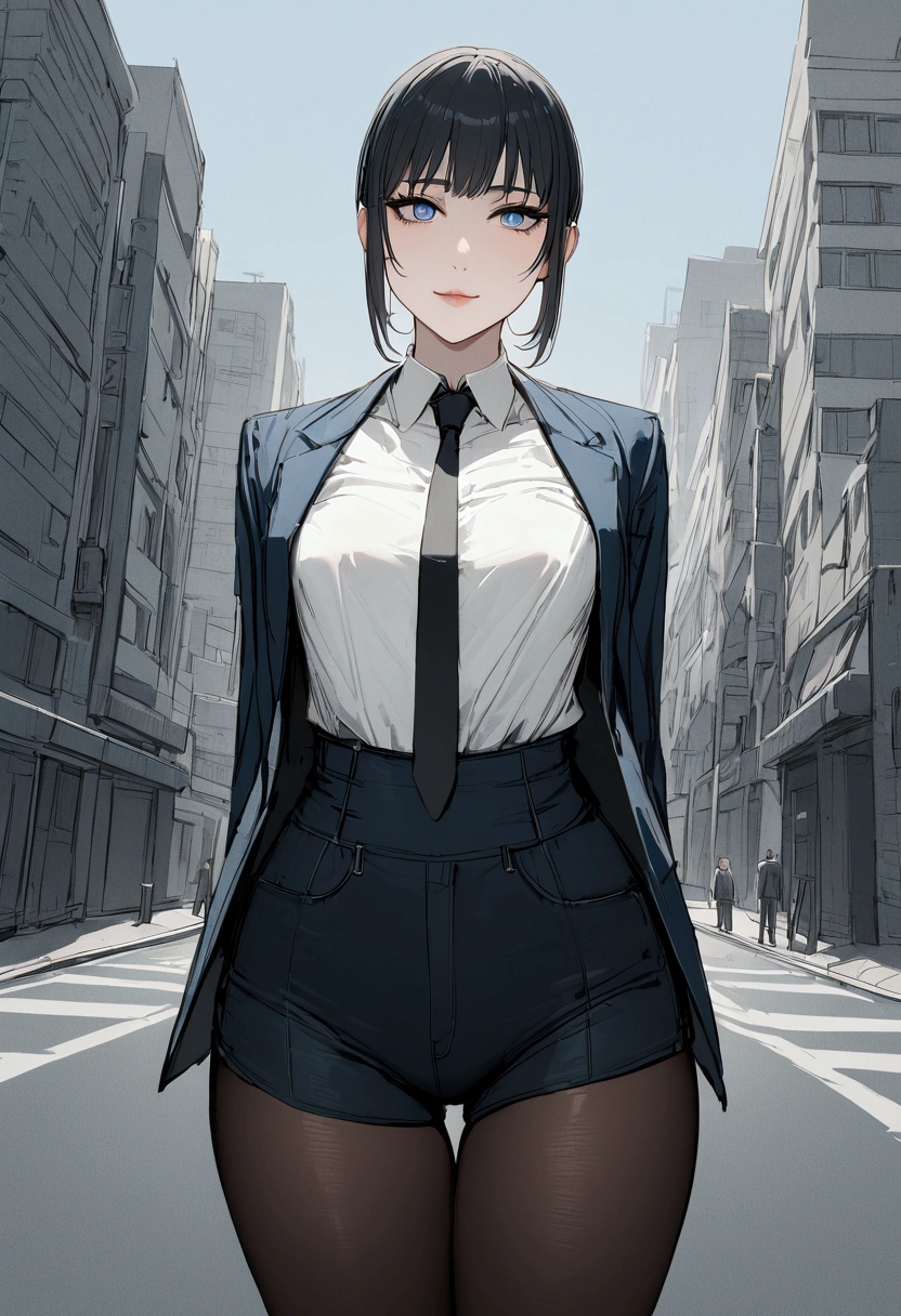 Girl. Short black straight hair with two pigtails. Blue eyes with a depth of suffering. Delicate features. Small breasts. Curvy waist. Lips curled into a slight smile. Wearing a dark blue suit with a white shirt and black tie. Dark blue short shorts and black pantyhose. Equipped with dual Flamethrowers. Background is a city street. 8k. Best quality. 