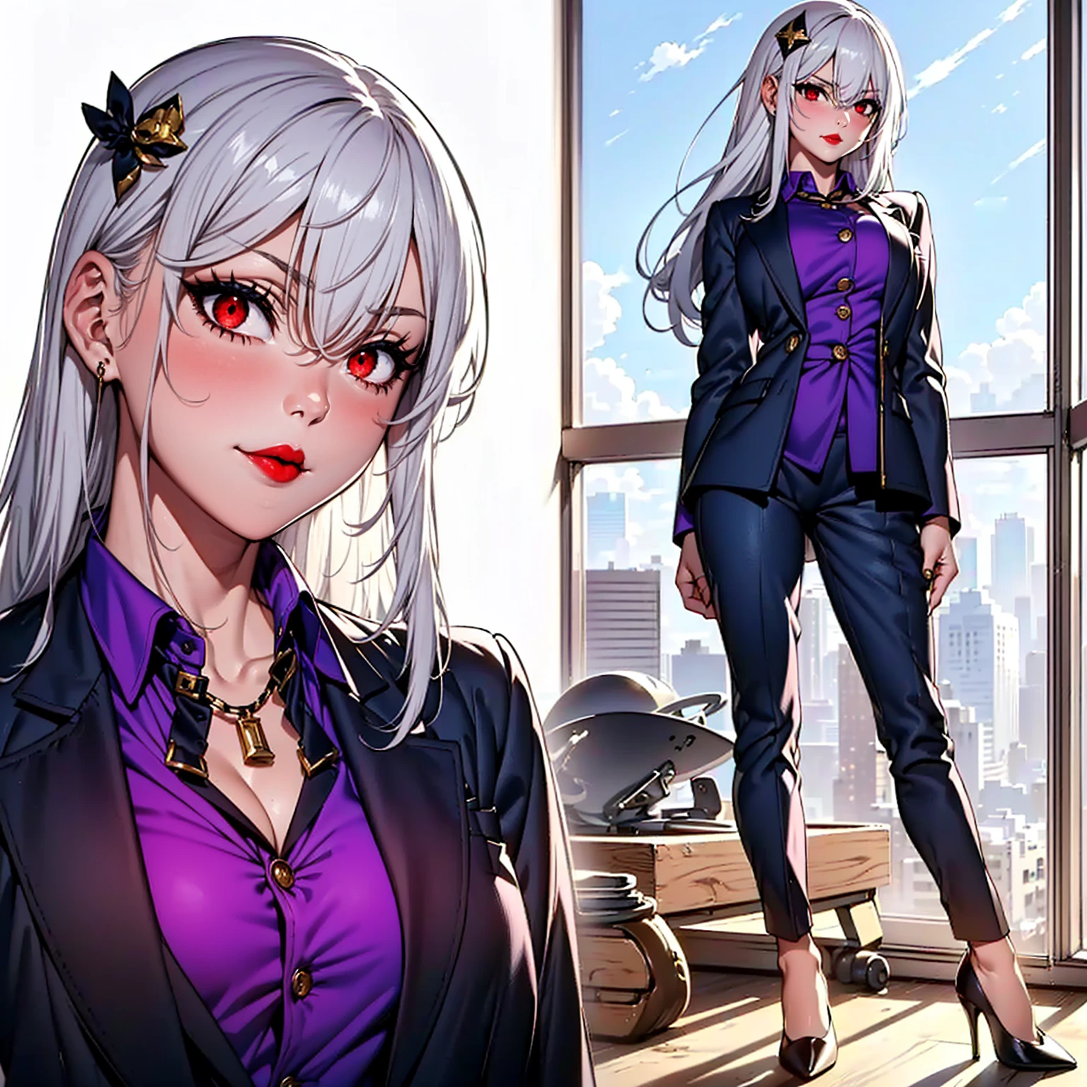 ((1 girl, Alone, alone, (ninnym, red eyes, white hair, hair ornament, small breasts, small bust), by the wide, Physical aptitude)), ((Alone, (1 woman, smug), extremely detailed, Soft ambient lighting, 4k, Perfect eyes, a perfect face, perfect lighting, a 1 girl)), ((fitness,, shapely body, athletic body, toned body)), ((navy blue suit, navy blue blazer, purple dress shirt, navy blue pants, high heels, sky, neckline, office, company, smug, red lipstick))