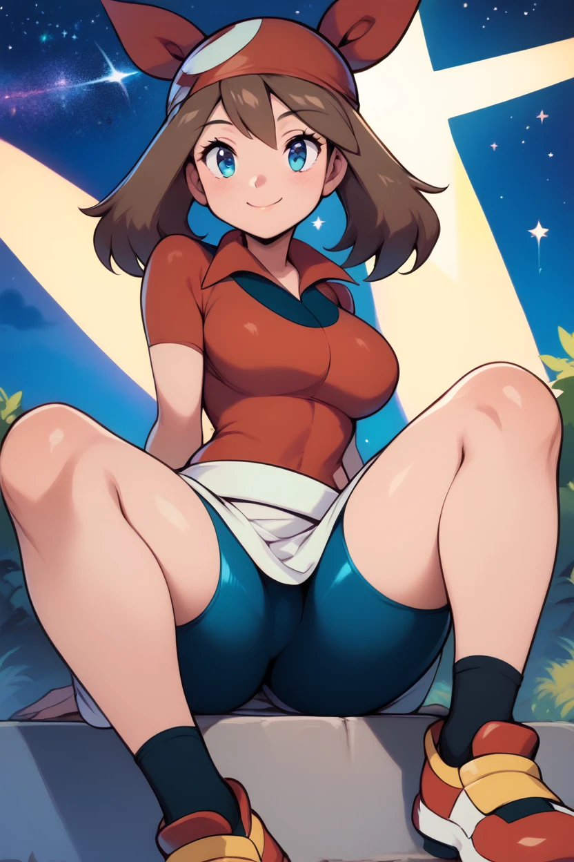 score_9, score_8_up, score_8, medium breasts, (curvy), cute, eyelashes,       zzMay, blush, smile, bangs, skirt, shirt, holding, sitting, closed mouth, short sleeves, outdoors, sky, shoes, shorts, socks, collared shirt, eyelashes, night, white skirt, bike shorts, black socks, red shirt, star (sky), starry sky, bandana, shooting star, red bandana, smile, looking at viewer,   huge breasts, wide hips, thick thighs,(spread legs),good_hands