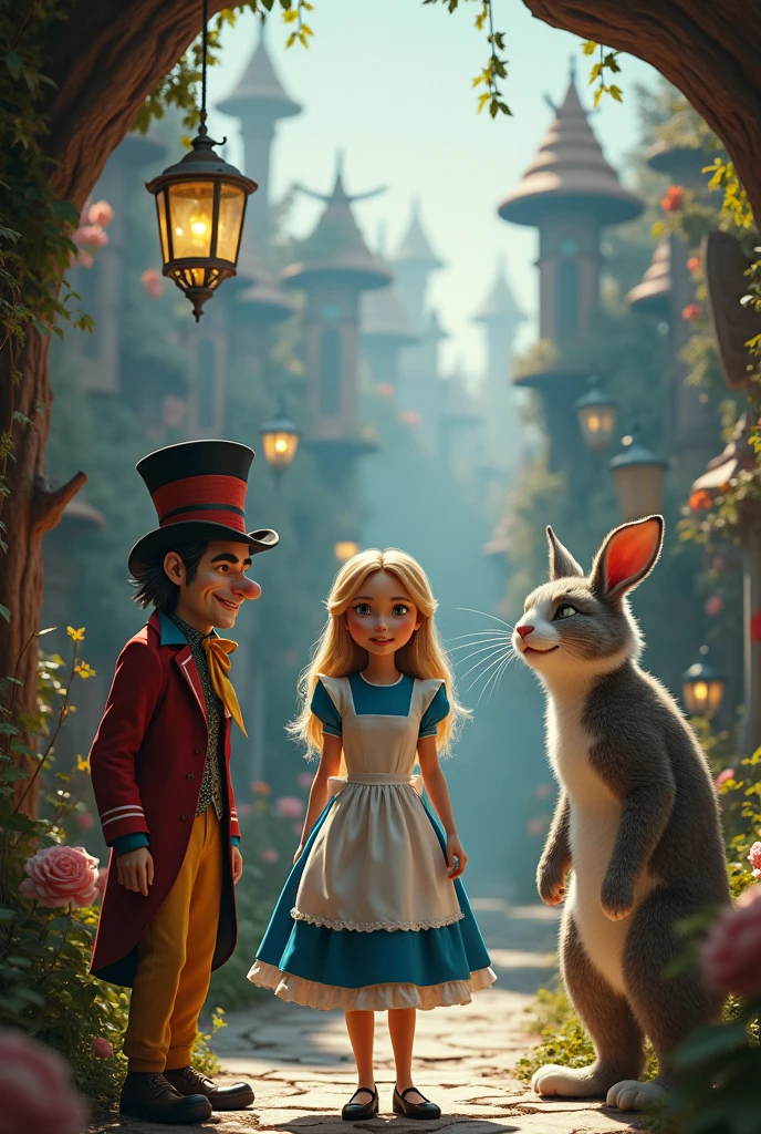 Alice in Wonderland saying goodbye with a smile, remembering her friends . (The Hatter , The smiling cat , the white rabbit like the Tim Burton movie