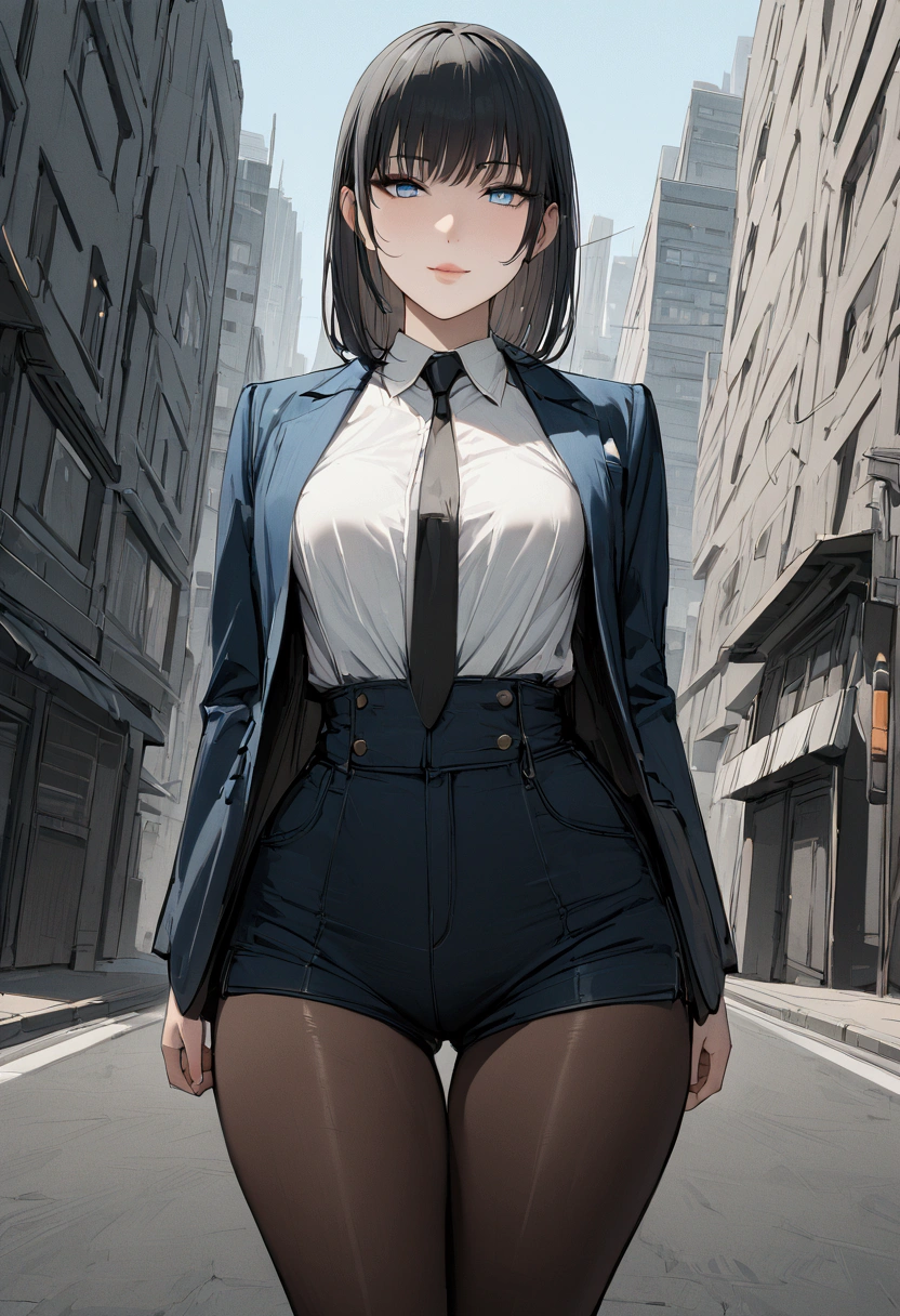 Girl. Long black hair, silky and straight. Blue eyes with a depth of suffering. Delicate features. Small breasts. Curvy waist. Lips curled into a slight smile. Wearing a dark blue suit with a white shirt and black tie. Dark blue short shorts and black pantyhose. Equipped with dual Flamethrowers. Background is a city street. 8k. Best quality. 