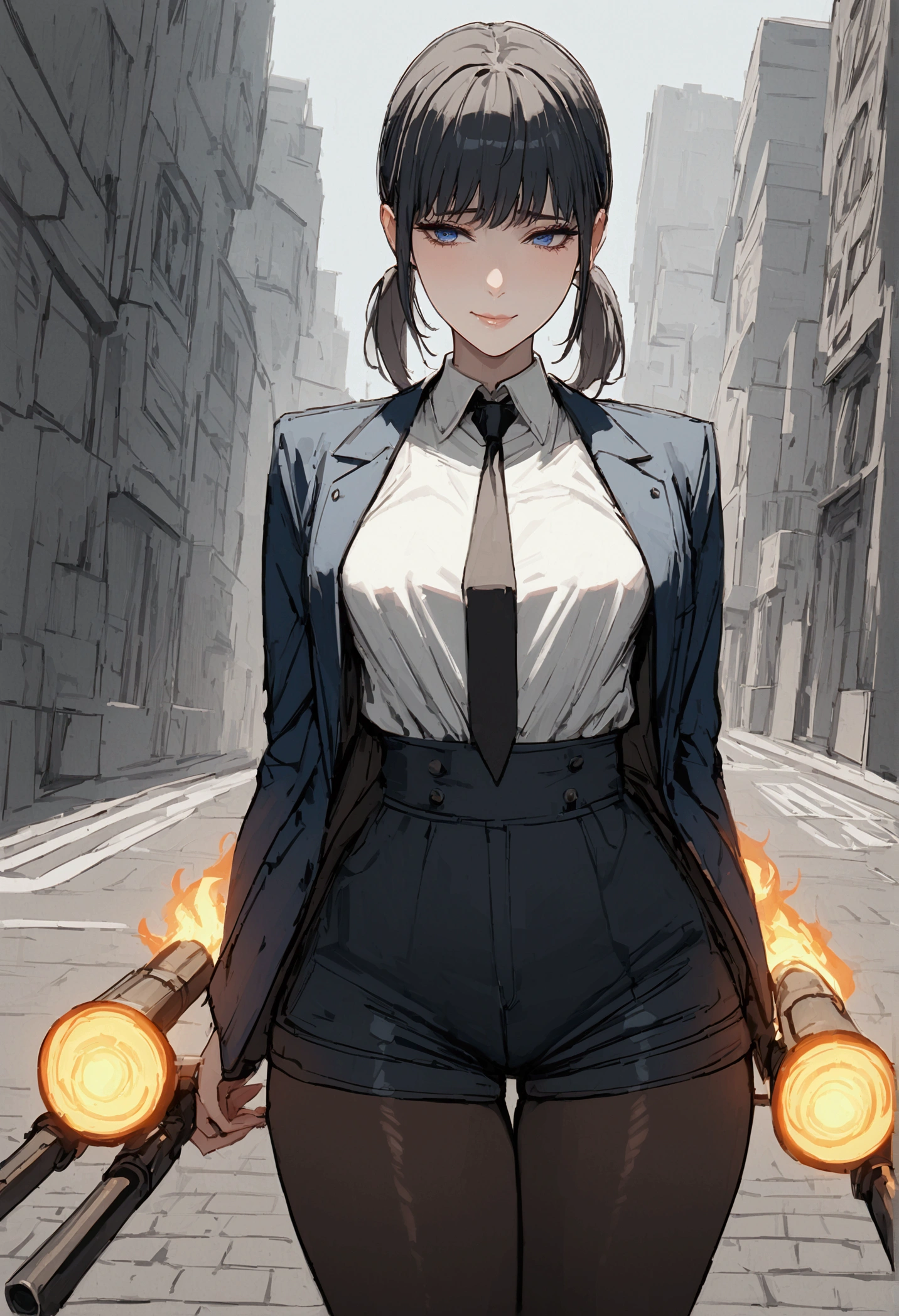 Girl. Short black straight hair with two pigtails. Blue eyes with a depth of suffering. Delicate features. Small breasts. Curvy waist. Lips curled into a slight smile. Wearing a dark blue suit with a white shirt and black tie. Dark blue short shorts and black pantyhose. Equipped with dual Flamethrowers. Background is a city street. 8k. Best quality. 