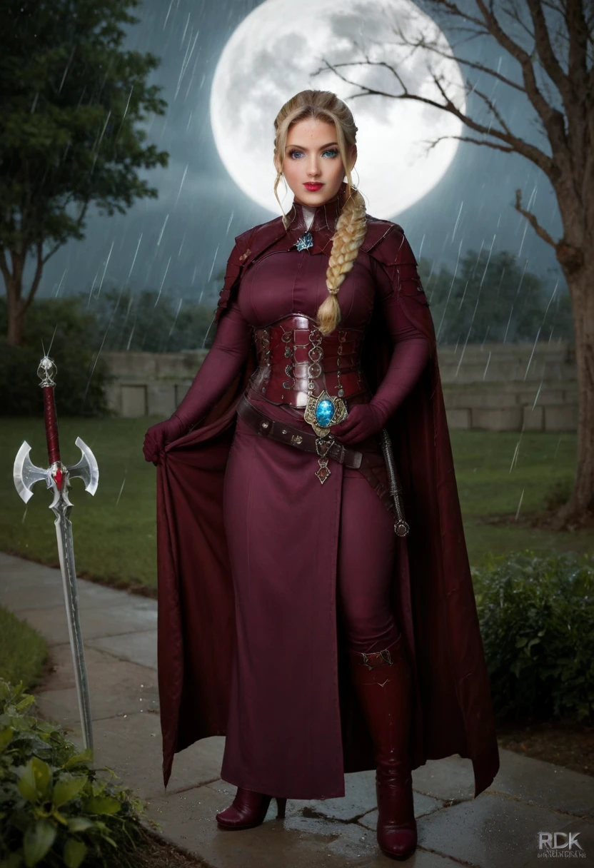 A highly realistic 3D render of a mystical, enchanting blonde woman with long, straight hair, standing in a dark, sinister cemetery under a blood-red full moon. She is a stunning witch, wearing a flowing black and purple cloak with intricate, shimmering patterns, the fabric subtly moving as if touched by an eerie breeze. Her outfit features a dramatic side slit, revealing an elegant leg, and a glowing blue gem embedded in her hood that emits a soft, magical light. She wields a menacing trident, its dark metallic surface engraved with glowing blue magical runes. The cemetery ground is littered with scattered skulls and bones, some partially buried in damp earth, while burning candles encircle her, their flickering flames casting haunting shadows. The scene features ancient, cracked tombstones, swirling ghostly mist, and the crimson glow of the moon illuminating the blood-streaked ground. Rendered in 8K, with ultra-realistic textures for skin, fabric, and environment, HDR lighting, depth of field, and bokeh effects, creating a chilling and magical atmosphere. cinematic photo cinematic photo Score_9, score_8_up, score_7_up, (source real), highres, source_photo, (photography, realistic:1.4)sharp, uhd, (solo, rain, raining, at night), bare trees, sitting on tree in fantasy setting, high heel boots, red m0rd_s1th leather armor, beautiful woman,long hair,pale green eyes, fair skin with freckles,ponytail,woman,alert, french,looking at viewer, eye contact,her legs are spread, sexy, holding sword, sword. 35mm photograph, film, bokeh, professional, 4k, highly detailed . 35mm photograph, film, bokeh, professional, 4k, highly detailed