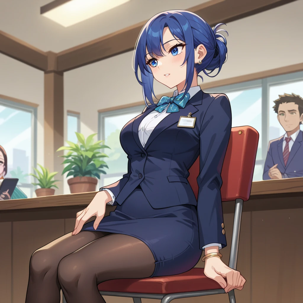 Woman, blue eyes, , anime screencap 2d, adult woman, Decollete, , nsfw,  bracelets, handbag , puffy skirt,  long straight hairstyle , pantyhose  , Blazer, business woman, sitting on chair 