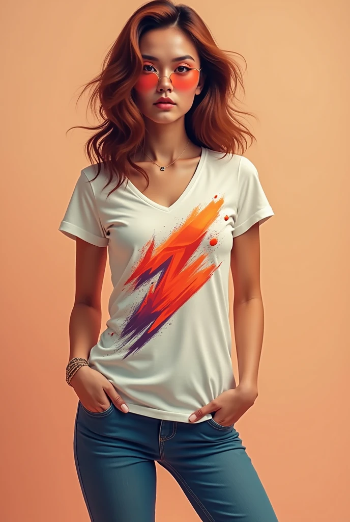 a t-shirt with a skin color and red that is v-neck and that has a good design