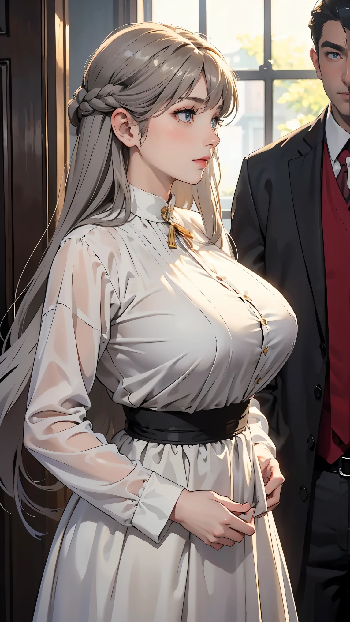 a beautiful matronly woman with abnormally huge round breasts, (((thin body))), pleasant smile, vibrant flare skirt shirtwaist dress, long gray hair, realistic profile view, looking directly at the camera, her breasts are huge, bulging, and well-rounded