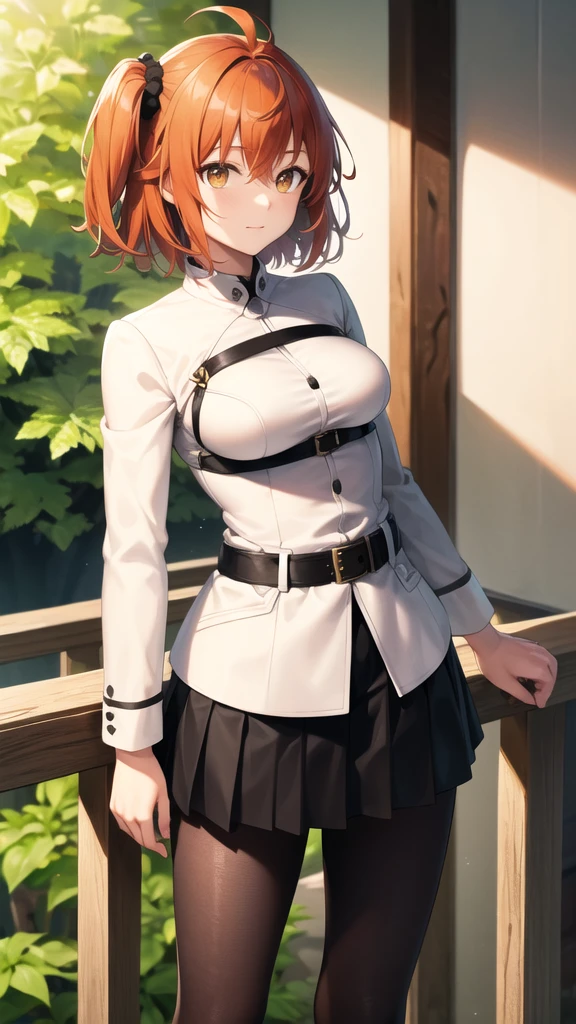 masterpiece, best quality, highres, aaritsuka, short hair, ahoge, hair scrunchie, orange scrunchie, medium breasts, white jacket, harness, long sleeves, belt, black skirt, miniskirt, black pantyhose, standing, cowboy shot, outdoors