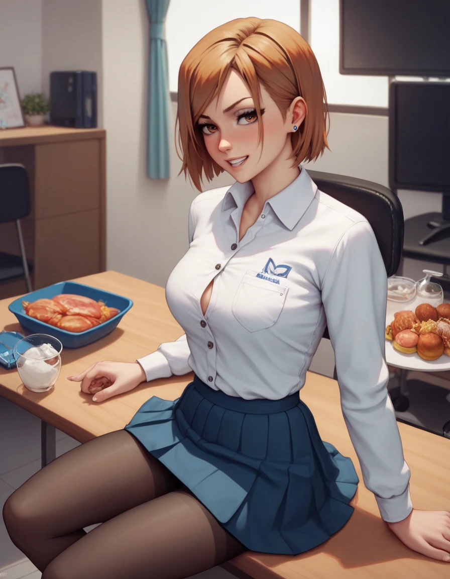 masterpiece,best quality,best details,nsfw,1 girl,short hair,brown hair,brown eyes,precise fingers,dress shirt,skirt,long black tights,long sleeve,a lot of food on the table,food belly stuffing,burp,sit on a chair,underground room,trapped underground room,Kugisaki Nobara,anime,