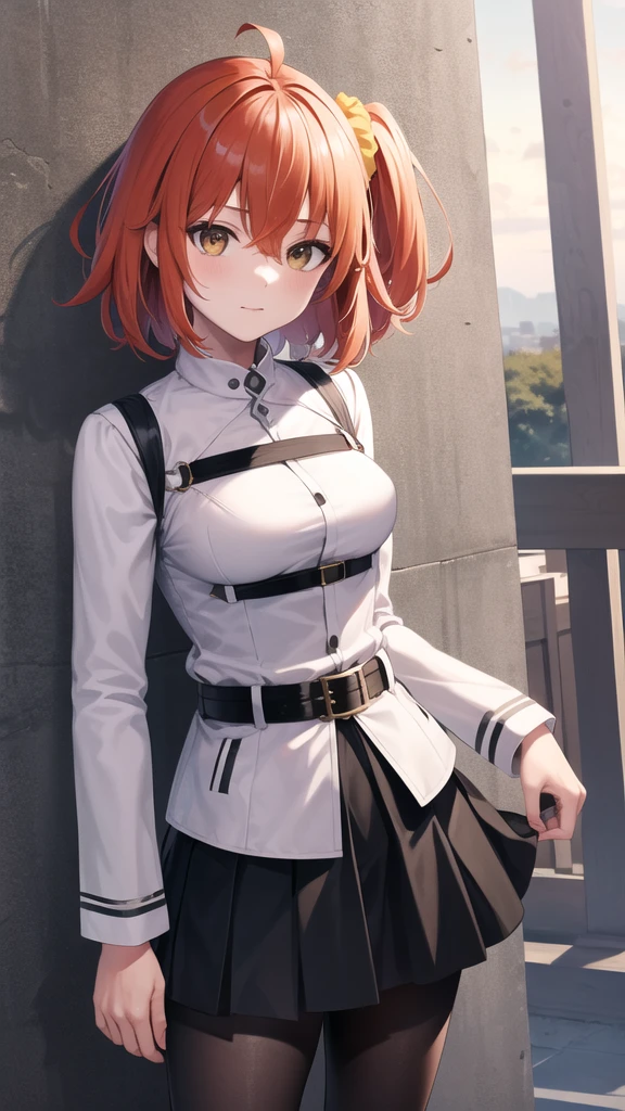 masterpiece, best quality, highres, aaritsuka, short hair, ahoge, hair scrunchie, orange scrunchie, medium breasts, white jacket, harness, long sleeves, belt, black skirt, miniskirt, black pantyhose, standing, cowboy shot, outdoors