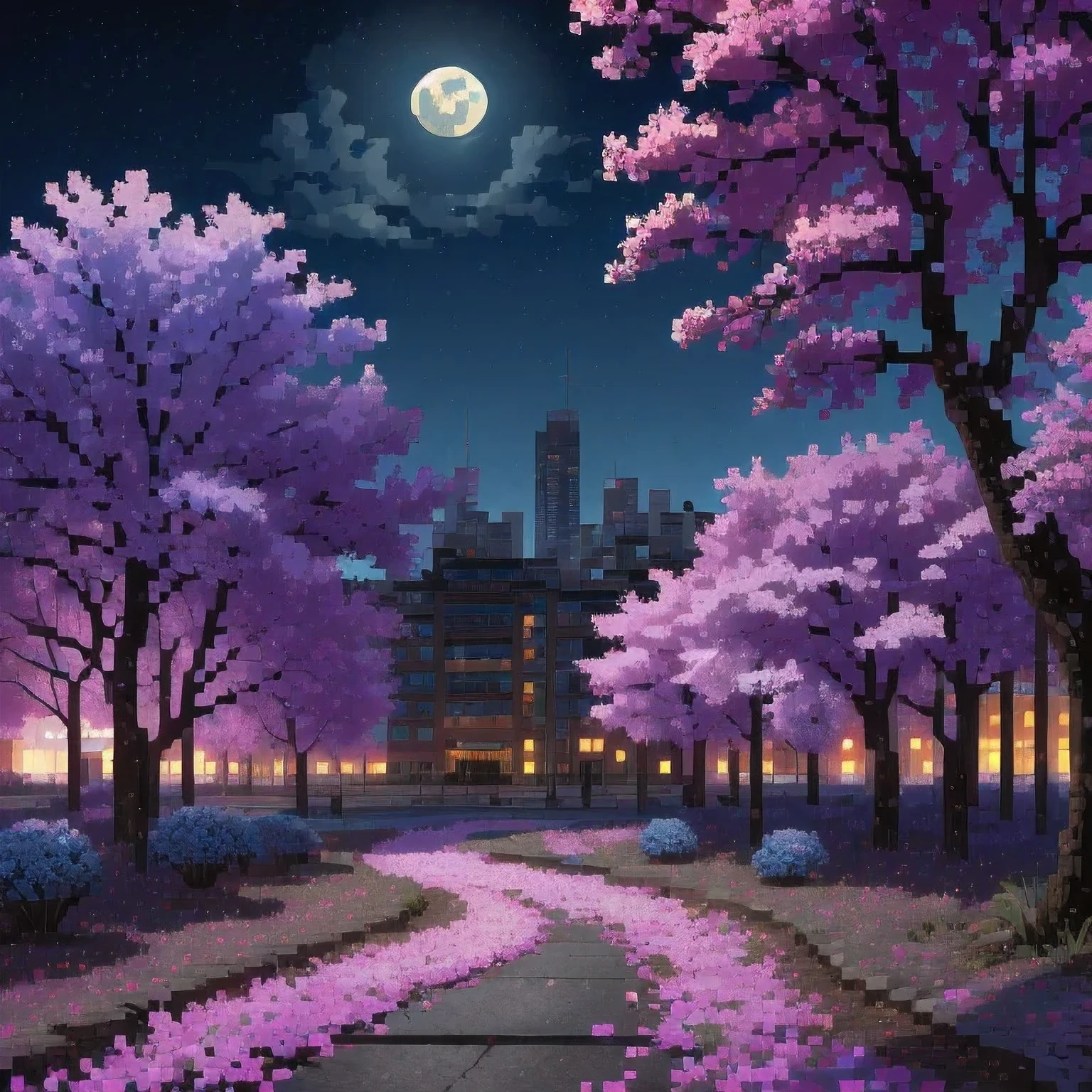 ((紫粉 City : 1.5)), (masterpiece), ( is the best quality: 1.0), ( Ultra High Resolution : 1.0), Detailed illustrations, Detailed Scenery , vibrant colors 紫粉 walking through the city, 8 K, night, Moon Clouds , ((magic, beautiful , Trees: 1.4 )), (( is the best quality, vibrant , 32 k Clear Lighting Effects )).
