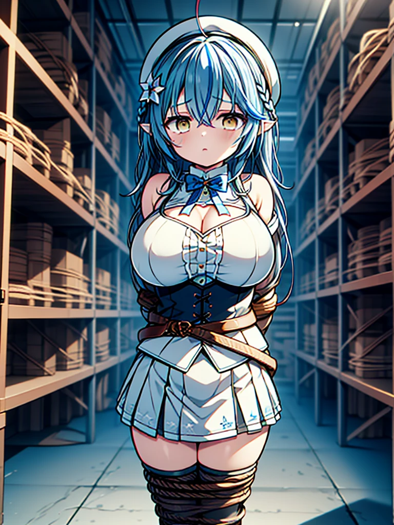 1girl, ,aalamy, long hair, streaked hair, ahoge, braid, beret, white headwear, hair flower, blue bowtie, cleavage, clothing cutout, white shirt, off shoulder, sleeveless, black corset,white thighhighs, Brown belt, blue skirt,very big breasts, is crying,Shibari,BDSM,bound arms,bound breast,bound legs,fold arms behind back,restrained,intricately involved bondage,skindentation,in captivity,Shibari,BDSM,Shibari over clothes,rope,bound,restrained,