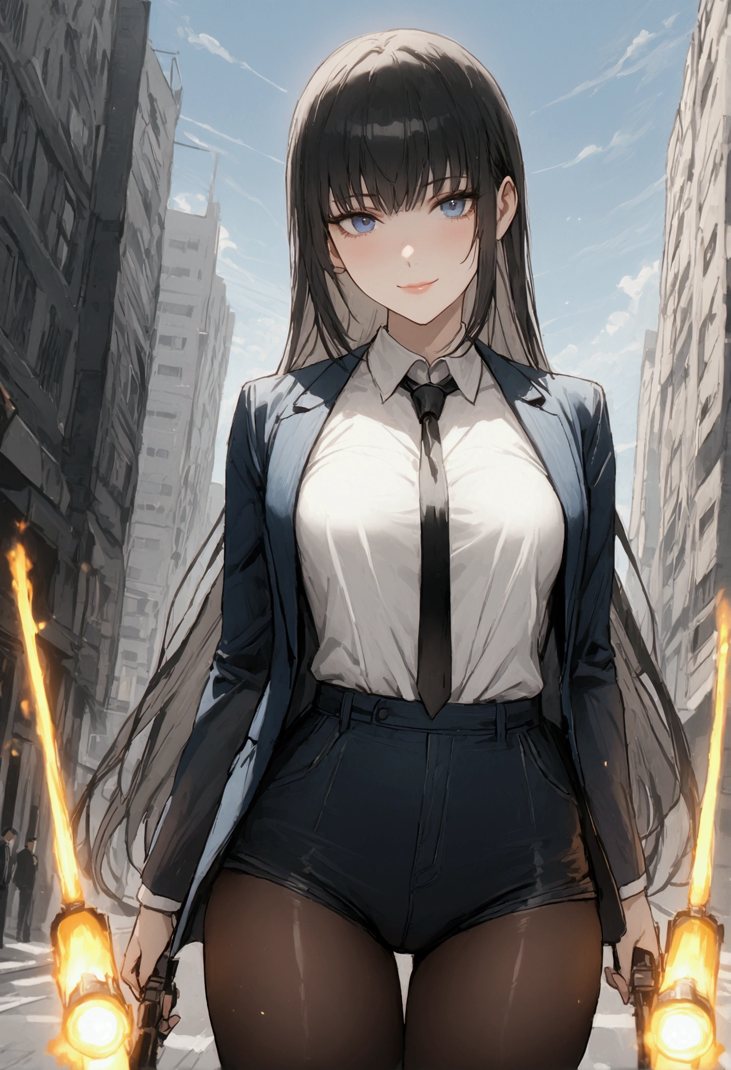 Girl. Long black hair, silky and straight. Blue eyes with a depth of suffering. Delicate features. Small breasts. Curvy waist. Lips curled into a slight smile. Wearing a dark blue suit with a white shirt and black tie. Dark blue short shorts and black pantyhose. Equipped with dual Flamethrowers. Background is a city street. 8k. Best quality. 