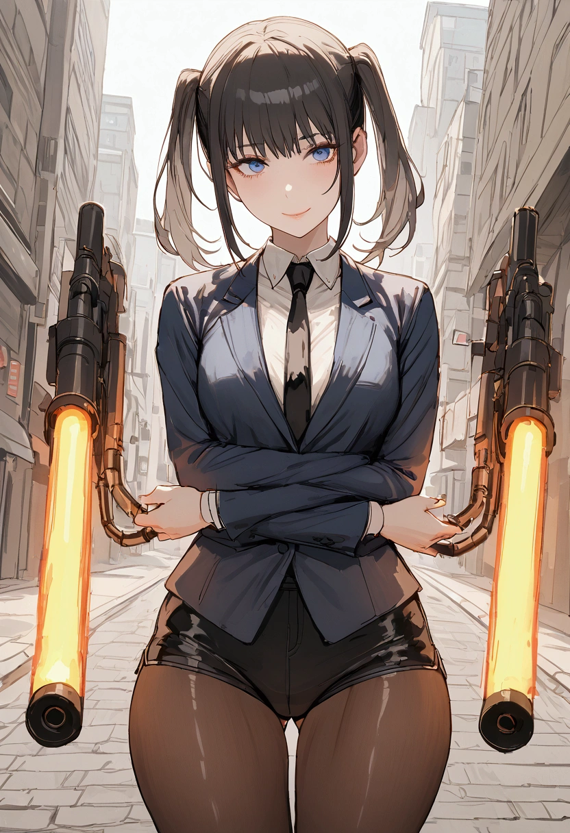 Girl. Short black straight hair with two pigtails. Blue eyes with a depth of suffering. Delicate features. Small breasts. Curvy waist. Lips curled into a slight smile. Wearing a dark blue suit with a white shirt and black tie. Dark blue short shorts and black pantyhose. Equipped with dual Flamethrowers. Background is a city street. 8k. Best quality. 