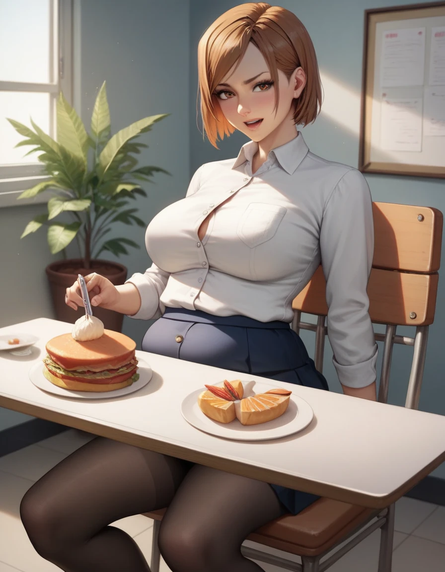 masterpiece,best quality,best details,nsfw,1 girl,short hair,brown hair,brown eyes,precise fingers,dress shirt,skirt,long black tights,long sleeve,a lot of food on the table,big belly,belly stuffing,sit on a chair,underground room,trapped underground room,Kugisaki Nobara,anime,