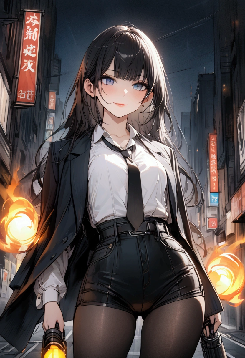 Girl. Long black hair, silky and straight. Blue eyes with a depth of suffering. Delicate features. Small breasts. Curvy waist. Lips curled into a slight smile. Wearing a dark blue suit with a white shirt and black tie. Dark blue short shorts and black pantyhose. Equipped with dual Flamethrowers. Background is a city street. 8k. Best quality. 