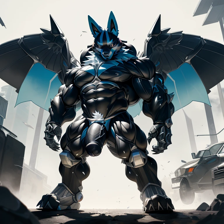 (Shiny mega lucario , 8K), (Shiny mega lucario 's giant robot, Powered exoskeleton with the same design as Shiny mega lucario.), (Masterpiece, highres) (Detailed head, Detailed Body, Detailed abs, full body.) (gigantic muscles, Gigachad Muscular, big muscle, pecs, triceps, traps, unusually developed muscular body, body full of huge muscles. showing off muscles, pectorales enormes, Exaggeratedly huge muscles.) (nj5furry, The claws are sharp, Sharp teeth, sharp claws), (long legs), (Spread wings, It has wings, have big wings, golden wings), (It has wings, whole body shines like metal, Wearing cyberpunk mecha, emphasizes the muscles, suit fully made of metal, intricate armor, Robotic suit, suit fully made of metal, cyborg), (black color hyper penis, hyper black penis), menacing pose, no face. BULK UP.