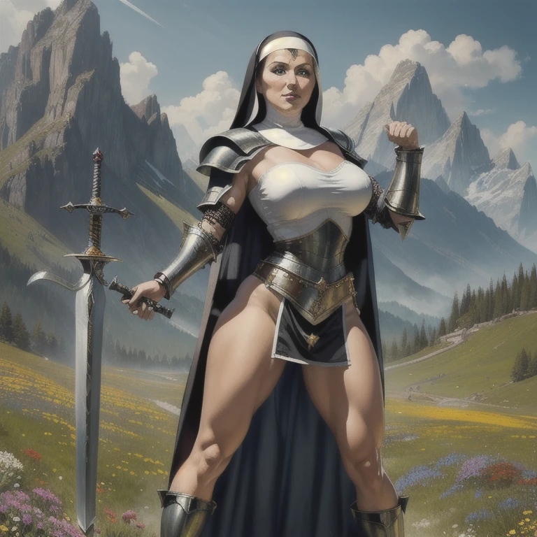 (masterpiece,  superior quality ,  best quality , official art,  beautiful and aesthetic :1.2), (1 ******:1.3), ((sharp facial features,  sharp features ,  aggressive features)), ((blue eyes)),  chick cavaleira paladina busty,  extremely detailed , portrait, looking at the spectator, Alone, ( full body :0.6), detailed  experience , foto de  full body , ( hot mountainous meadow theme :1.1), holy knight, (nun), charlatan, smirk, Mysterious, swinging in the mountains, Armor, polished metal, gold trim,  long boots  , White fabric,  pelvic curtain, robe, light leather, ((((nun, greatsword, heavy Armor, Armored, long legs,  pelvic curtain, Toned, Muscular)))),  thin waist , Slim hips, long legs, medieval (mountain exterior:1.1)  experience , dark Mysterious lighting, shadows, Magical atmosphere,  Dutch Angle 