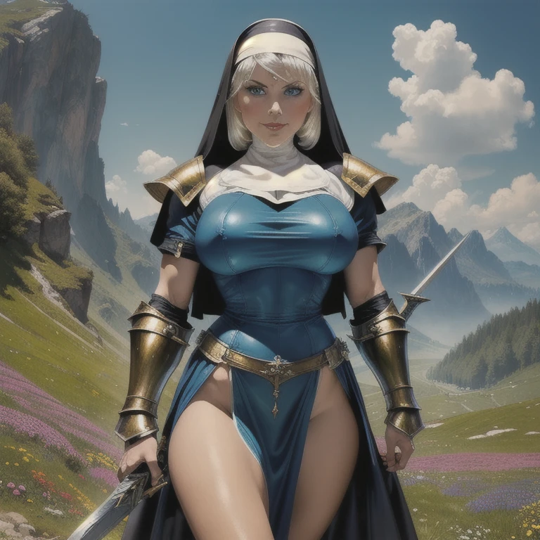 (masterpiece,  superior quality ,  best quality , official art,  beautiful and aesthetic :1.2), (1 ******:1.3), ((sharp facial features,  sharp features ,  aggressive features)), ((blue eyes)),  chick cavaleira paladina busty,  extremely detailed , portrait, looking at the spectator, Alone, ( full body :0.6), detailed  experience , foto de  full body , ( hot mountainous meadow theme :1.1), holy knight, (nun), charlatan, smirk, Mysterious, swinging in the mountains, Armor, polished metal, gold trim,  long boots  , White fabric,  pelvic curtain, robe, light leather, ((((nun, greatsword, heavy Armor, Armored, long legs,  pelvic curtain, Toned, Muscular)))),  thin waist , Slim hips, long legs, medieval (mountain exterior:1.1)  experience , dark Mysterious lighting, shadows, Magical atmosphere,  Dutch Angle 