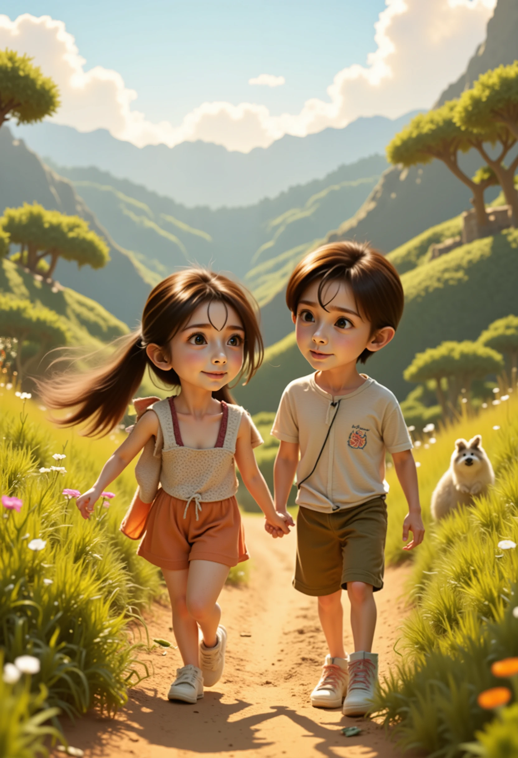 Pixar style, , The girl is with a boy walking and having fun UP