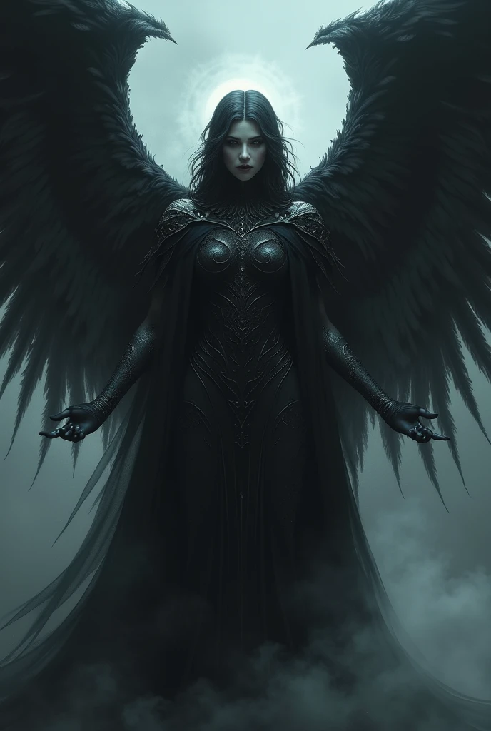 (extremely detailed CG unity 8k wallpaper,masterpiece, best quality, ultra-detailed, beautiful detailed eyes:1.2),best illumination, (best shadow, an extremely delicate and beautiful, bloom),
1gril,solo,red eyes,Heavy armor,long hair,holding sword,Angel wings,black wings,red jewelry,(big wings:1.4),Film filter,Satan, Hellfire,full body,demon,flame,