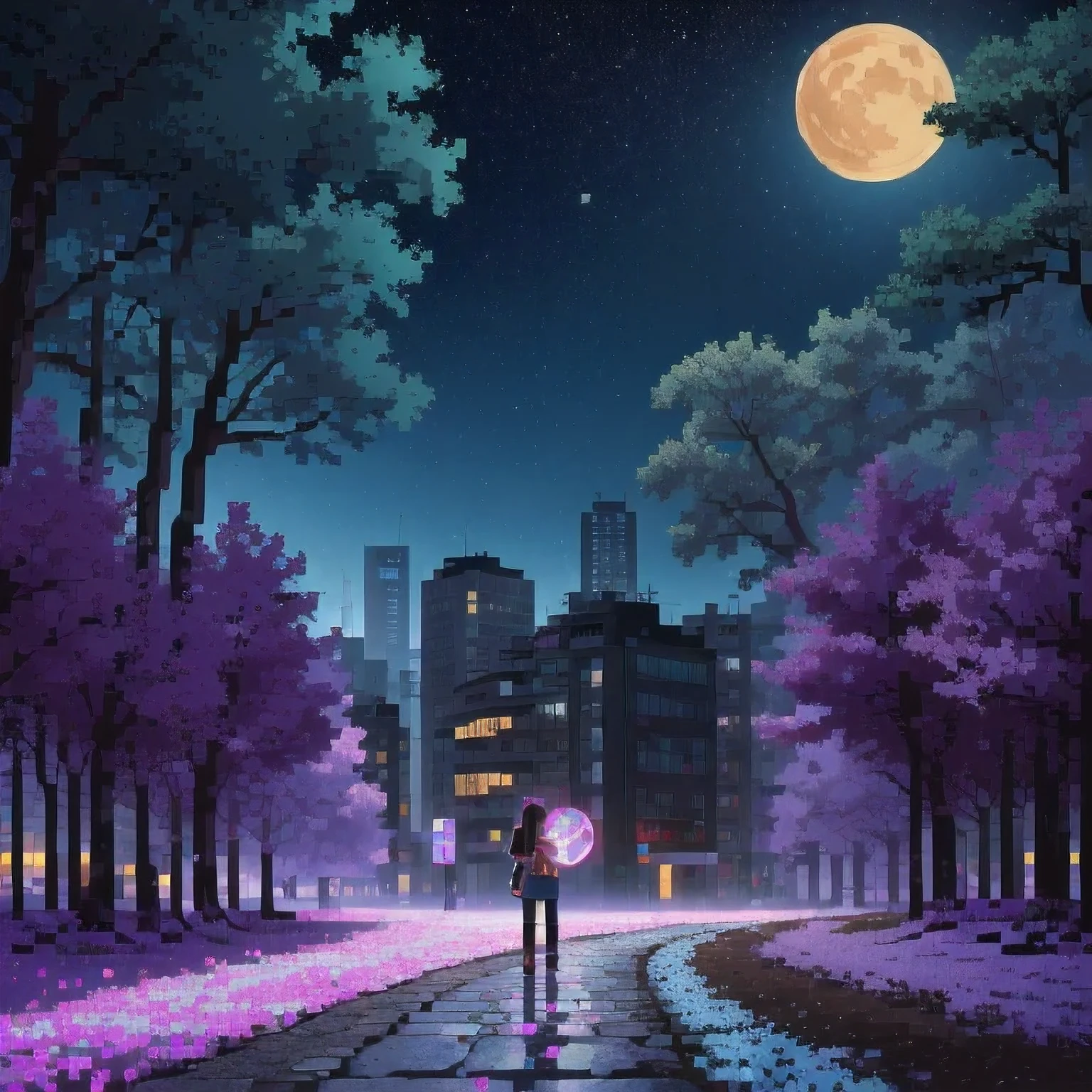 ((紫粉 City : 1.5)), (masterpiece), ( is the best quality: 1.0), ( Ultra High Resolution : 1.0), Detailed illustrations, Detailed Scenery , vibrant colors 紫粉 walking through the city, 8 K, night, Moon Clouds , ((magic, beautiful , Trees: 1.4 )), (( is the best quality, vibrant , 32 k Clear Lighting Effects )).
