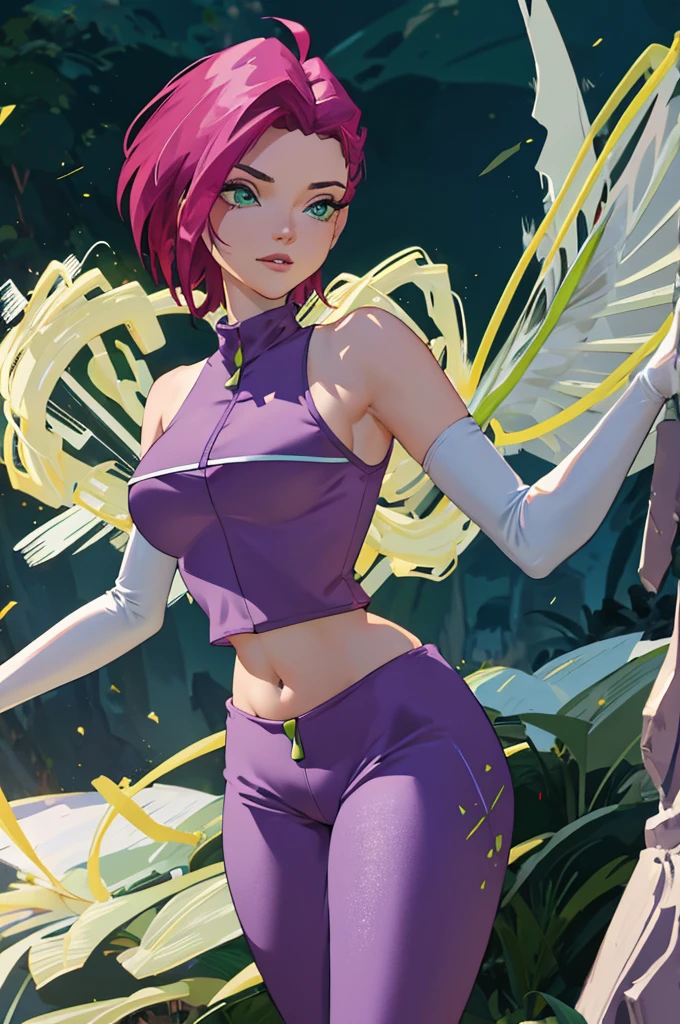 masterpiece, best quality, ultra-detailed, Tecna, pink hair, green eyes, short hair, FairyOutfit, ((purple bodysuit)), (purple hood), (gloves), (knee boots), sparkling outfit, fairy wings, ((midriff)), ((crop top)), ((purple top)), ((navel)), (underboob), (bare shoulders), (elbow gloves), standing, smile, in a forest, realistic, cowboy shot, volumetric lighting, intricate details, tonemapping, sharp focus, hyper detailed,