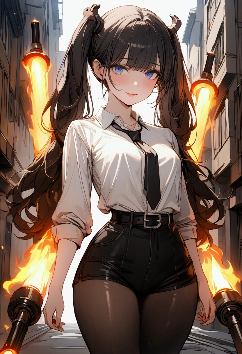 Girl. Short black straight hair with two pigtails. Blue eyes with a depth of suffering. Delicate features. Small breasts. Curvy waist. Lips curled into a slight smile. Wearing a dark blue suit with a white shirt and black tie. Dark blue short shorts and black pantyhose. Equipped with dual Flamethrowers. Background is a city street. 8k. Best quality. 