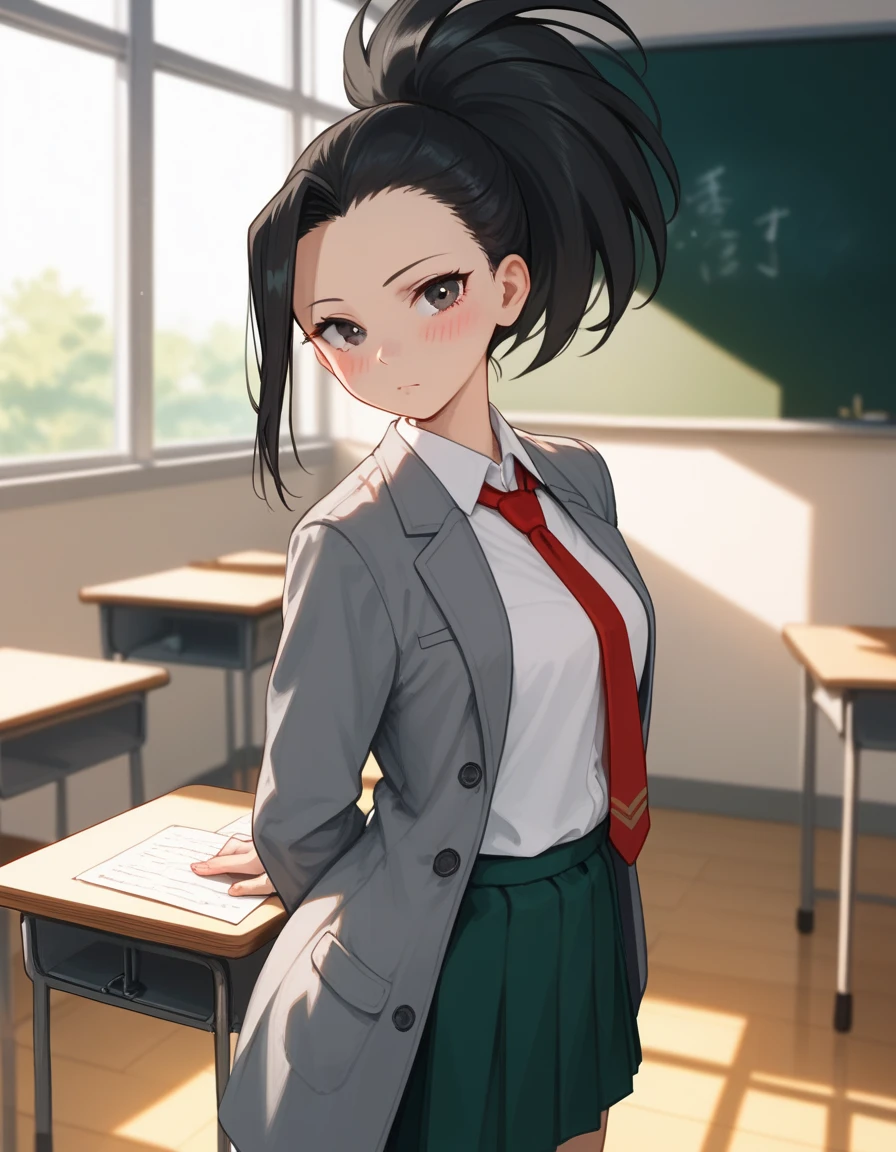 score_6_up, best quality, 1girl, solo, momo, long hair, bangs, black hair, ponytail, high ponytail, wide ponytail, blush, looking at viewer, student, grey school uniform, red tie, green skirt, at a classroom, grey coat 