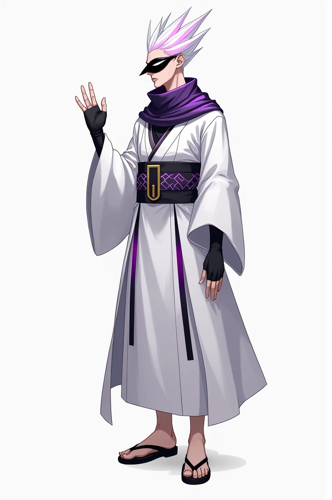 This character has a striking mix of traditional and modern styles. He wore a long white robe with a simple but elegant design, combined with dark purple reflective stripe accents which gave it a futuristic touch. Around his waist is a belt that resembles a traditional obi but with a bold geometric pattern. His neck is equipped with a dark scarf which gives a mysterious and dignified impression. The character of this hair is striking with a sharp white color that stands up, a soft pink gradient decoration at the starting point. Her eyes are covered by a black visor-shaped accessory, adding an aura of mystery, while her facial expression shows confidence and calm. His posture radiated confidence. The right hand is raised with the fingers positioned to form a certain symbol, showing a calm but powerful side. His left hand is left relaxed at his side, giving the impression of a balance between relaxation and alertness. The shoes worn are a combination of traditional Japanese sandals with a modern design in shiny black. This character looks like someone who has mastered classical arts and techniques, but is able to integrate them with modern elements and is full of energy. His appearance gives a strong impression as a figure in harmony between two worlds: traditional and contemporary.