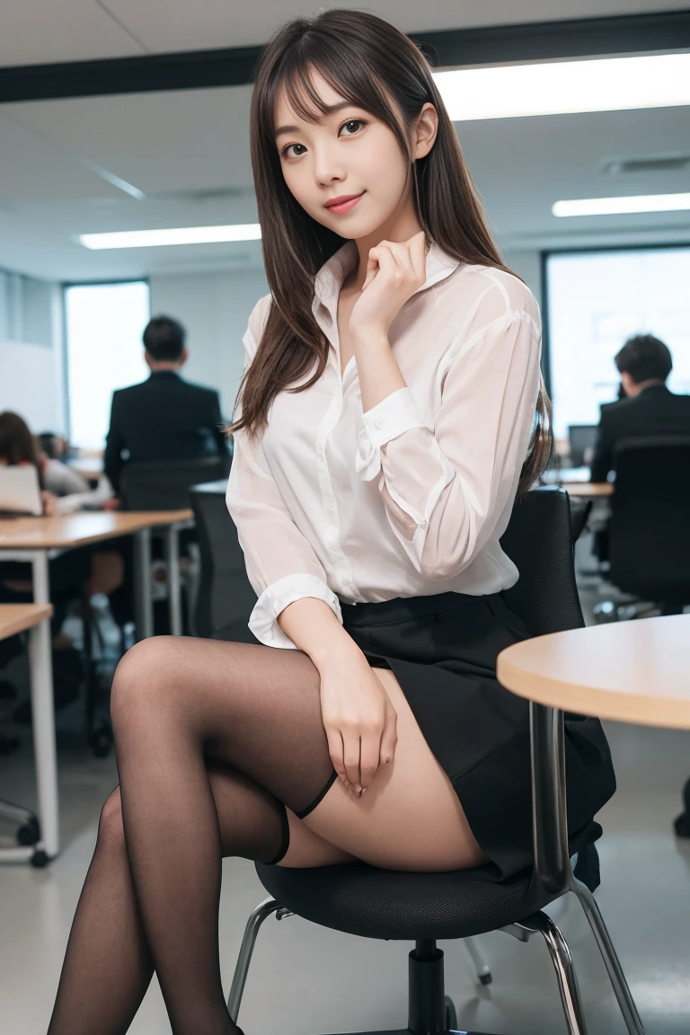 masterpiece,8k,highest quality,Ultra-fine illustration, big_file size, highly detailed face, perfect lighting, full color, OL, suitを着ている, (inside the office:1.5), detailed background, professional lighting, dynamic angle, Fine and shiny skin,big目), cute, 21 years old, (Photographed from the front), (squat:1.5), (suit, satin shirt,mini tight skirt:1.1),medium black hair, I can see white panties, (office background:1.5), smile